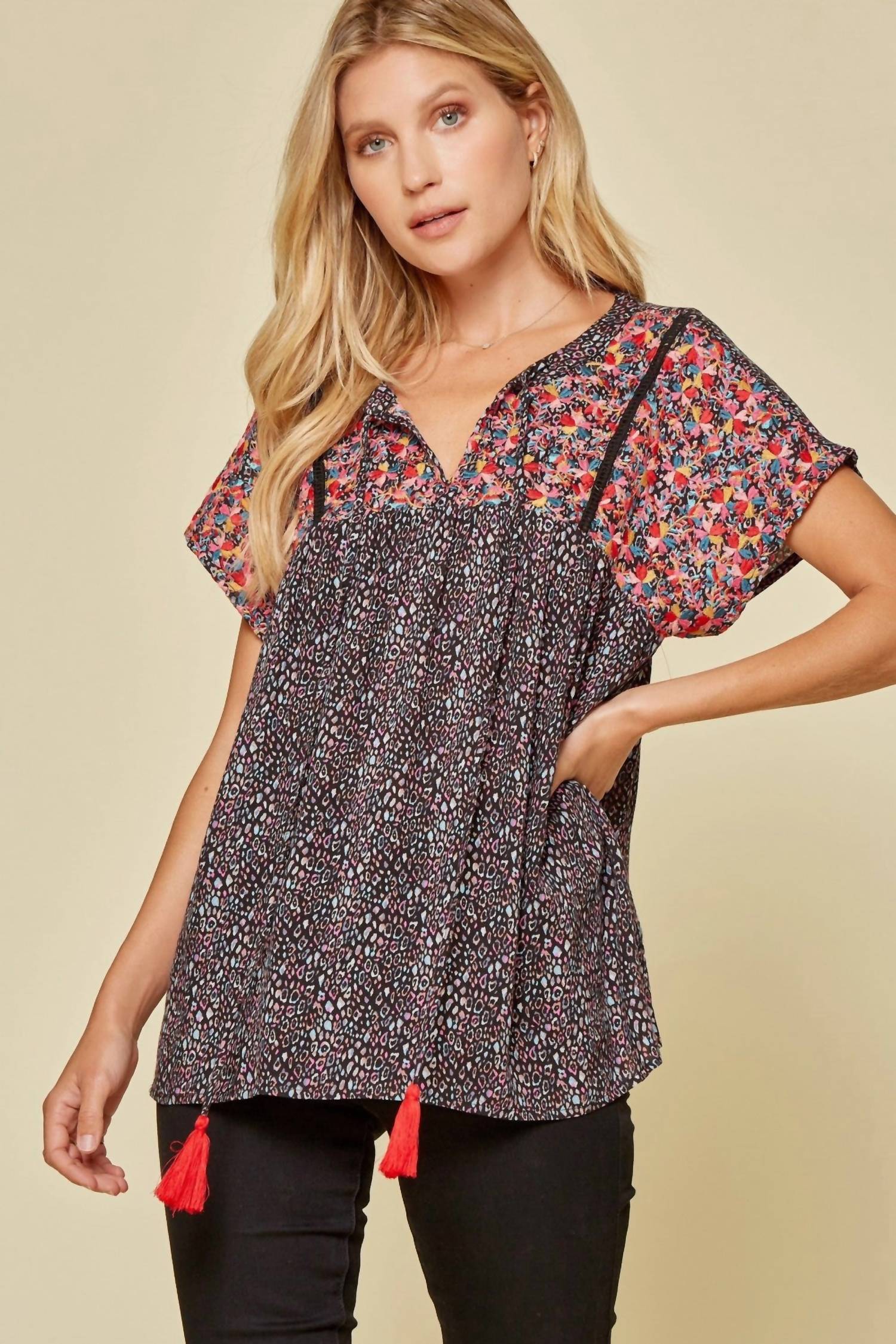 Andree By Unit - Leopard Babydoll Embroidered Top