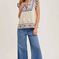 Bluivy - Boho Embroidered Ruffled Sleeve Tasseled Drawstring Top Linen Blend