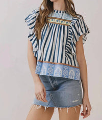 Tcec - Striped Border Print Ruffled Detail Top
