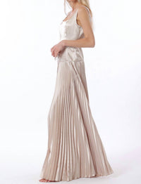 Aakaa Sleeveless Tie Front Waisted Pleat Maxi Dress in champagne - women's dress - view 4