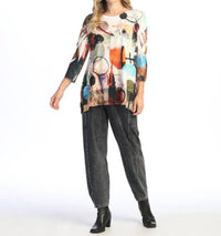 Jess & Jane - Abstract 3/4 Sleeve Chiffon Trim Hem Top