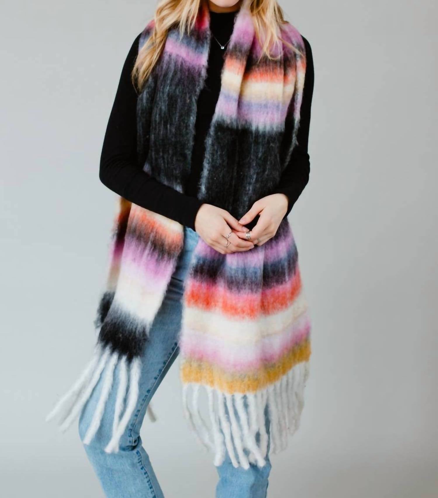 Panache Apparel Striped Fringe Scarf in black multi - women's scarf