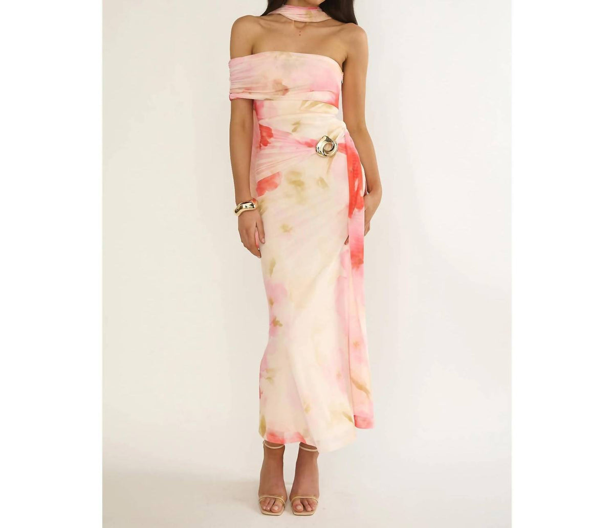 One And Only Collective - Strapless One Shoulder Floral Midi Dress