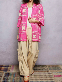 POL Button Collar Granny Square Crochet Shirt Top in pink multi - women's blouse - view 5