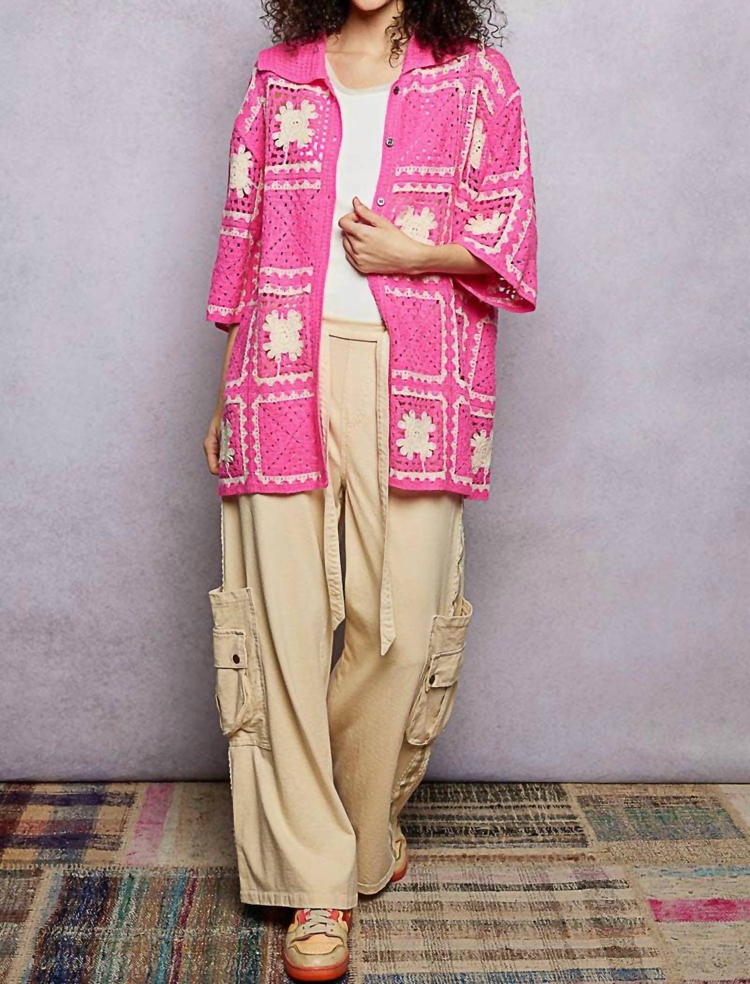 POL Button Collar Granny Square Crochet Shirt Top in pink multi - women's blouse - view 5