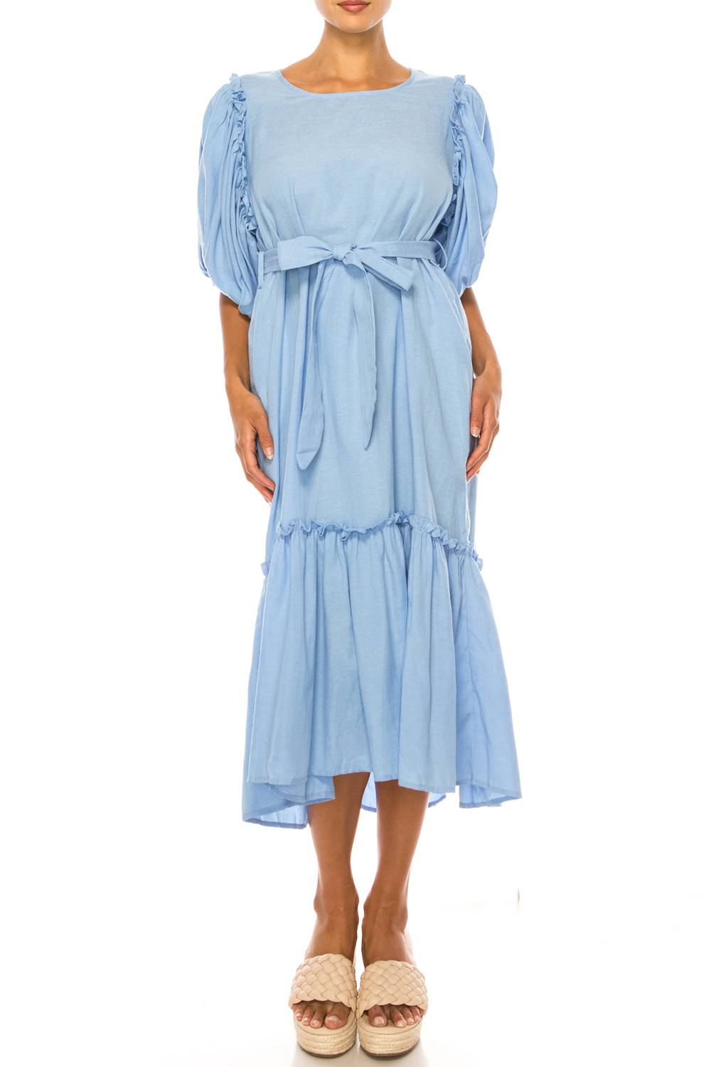 Vivid - Short Puff Sleeve Belted Tiered Skirt Dress