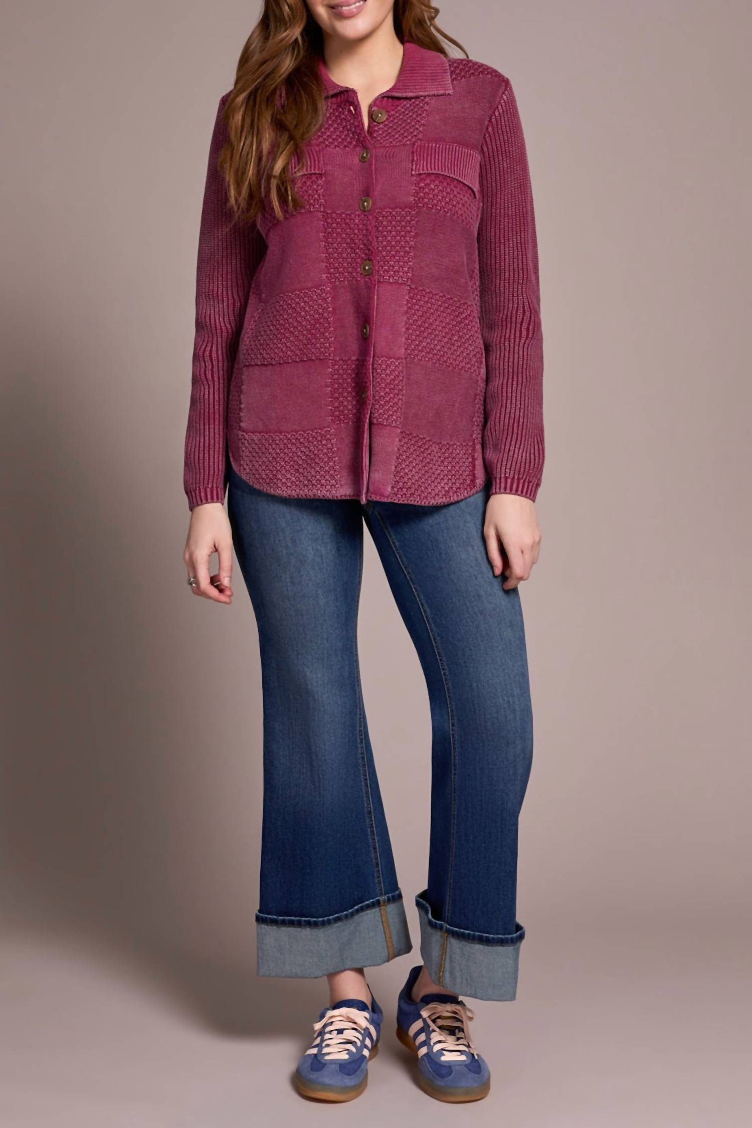 TRIBAL Sweater Shacket With Special Wash Effect in plum wine - women's jacket