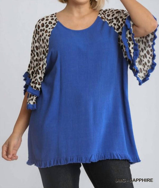 Linen Blend Animal Print Layered Bell Sleeve Plus