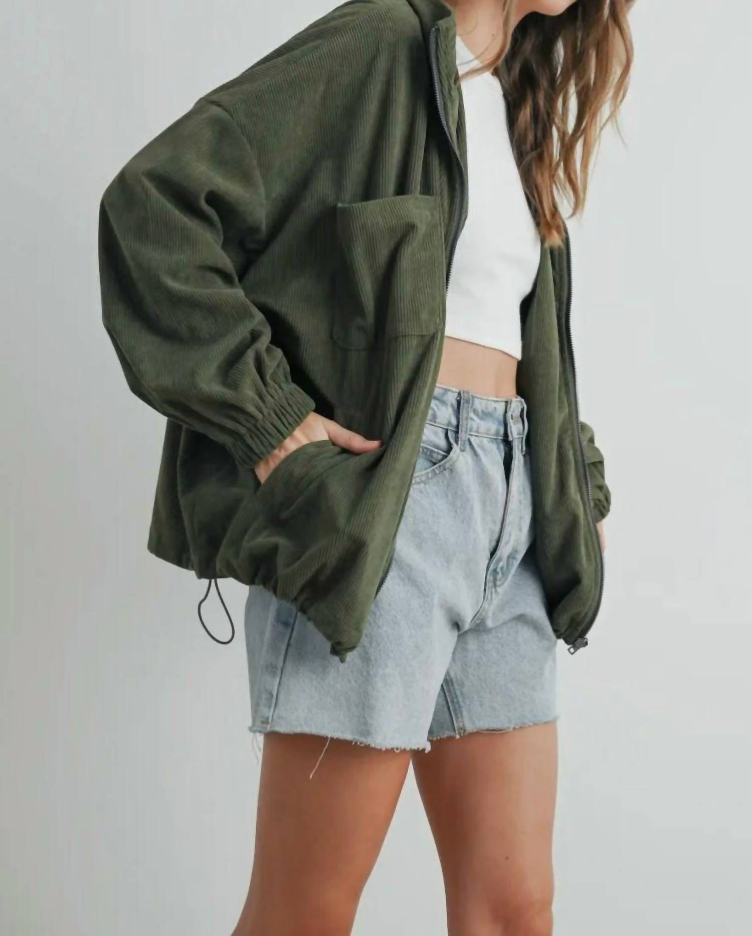 Urban Daizy - Nakia Lapel Corduroy Zipper Jacket