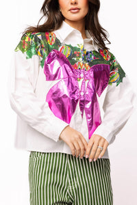 QUEEN OF SPARKLES Metallic Wreath Cotton Button Up Top in white - women's shirt - detail view