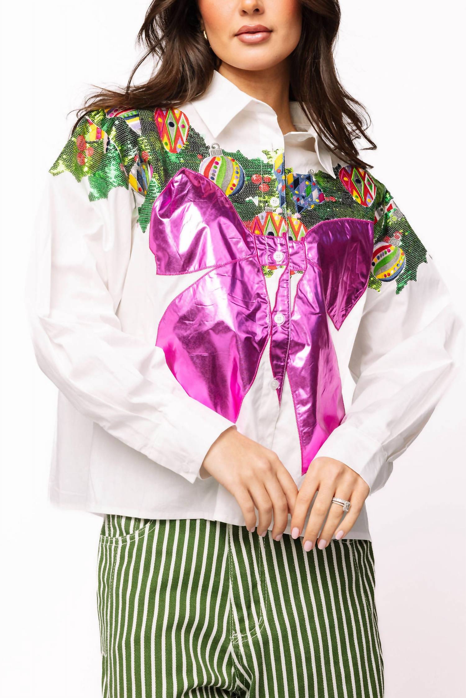 QUEEN OF SPARKLES Metallic Wreath Cotton Button Up Top in white - women's shirt - detail view