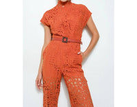 Ina Fashion - Lace High-neck Belted Wide-leg Jumpsuit