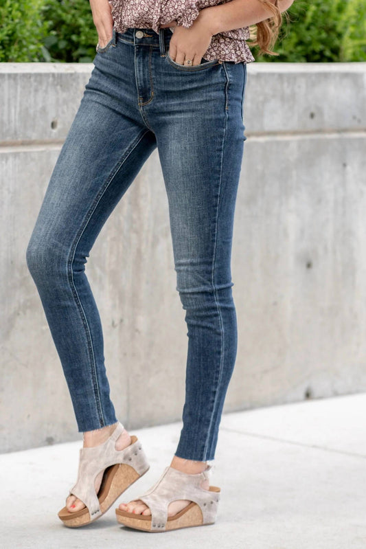 Judy Blue - Women's Mid Rise Vintage Raw Hem Skinny Jeans