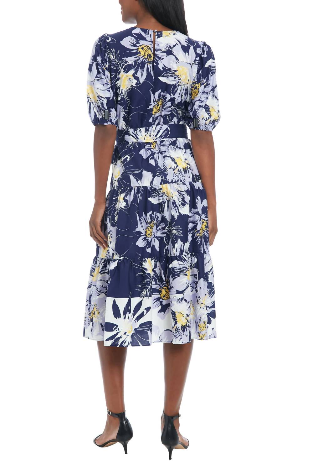 London Times - Printed Jewel Neckline Puff Sleeve Tiered Midi Dress