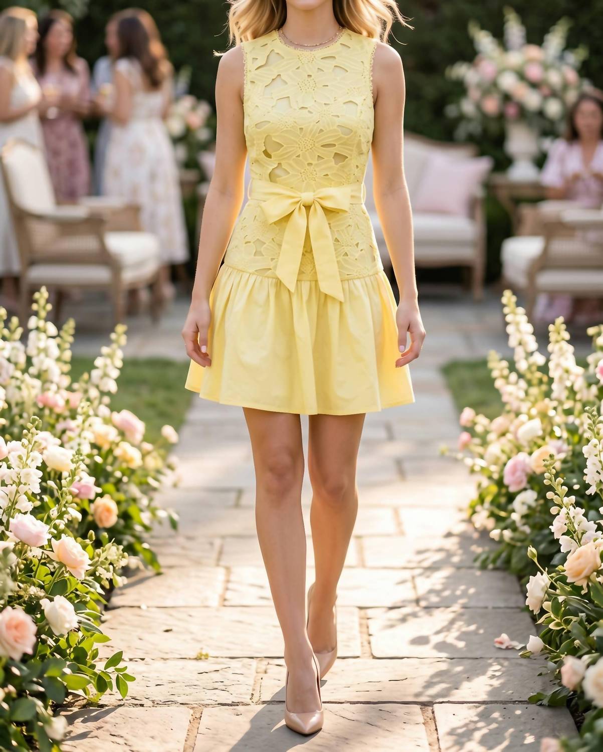 Baby Pink - Belted Floral Lace Mini Dress