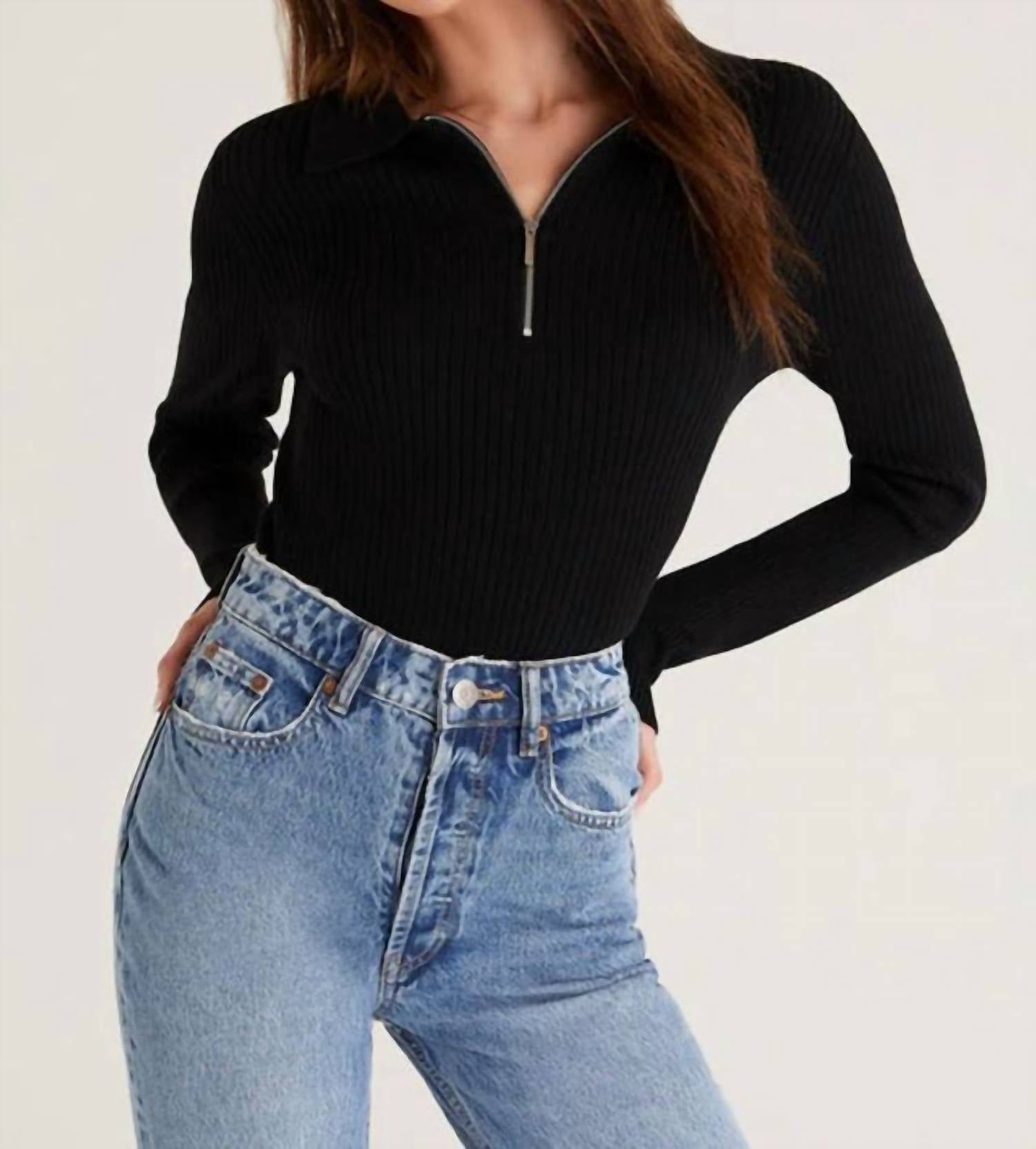 Z Supply Rico Zip Henley Sweater in black - women's long sleeve top