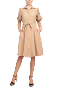 Sharagano - Collared Short Sleeve Button Front Closure Dress With Pockets