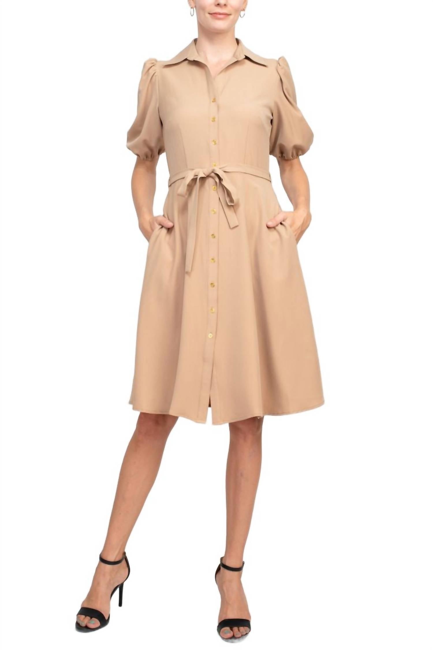 Sharagano - Collared Short Sleeve Button Front Closure Dress With Pockets