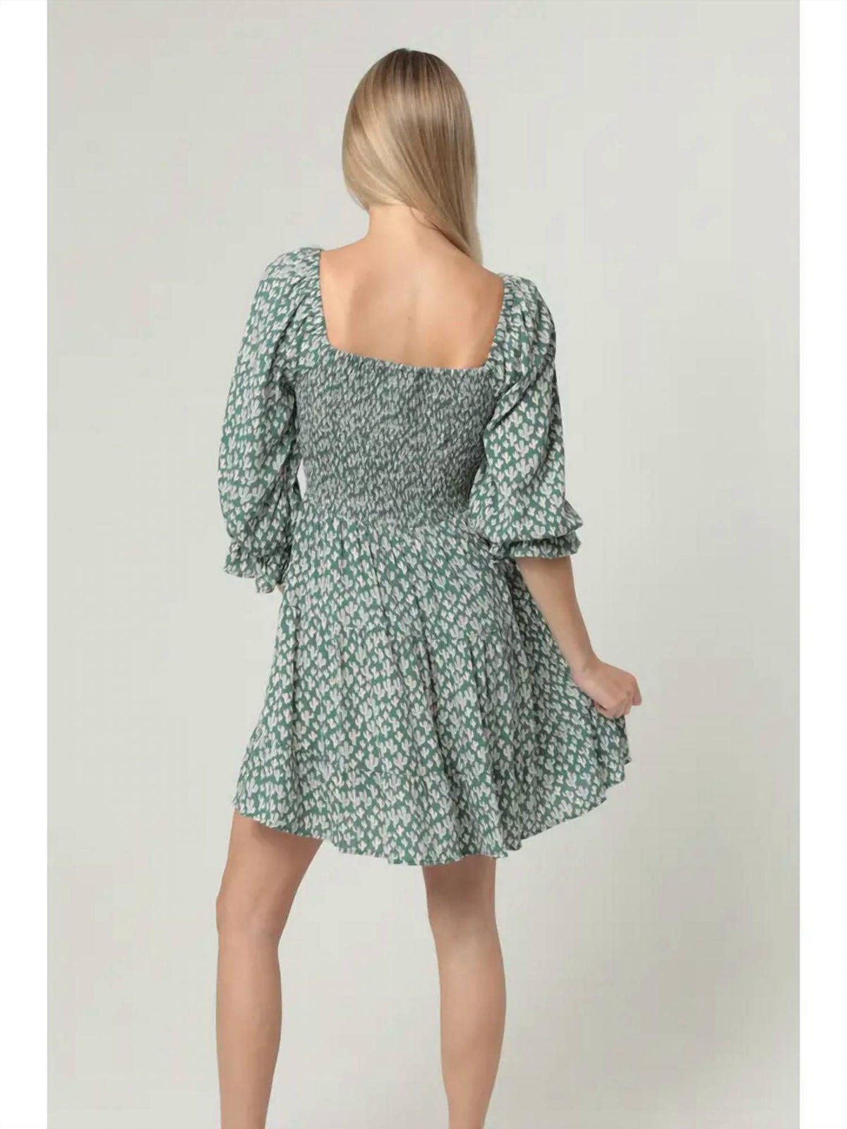 Angie - Cactus Print Long Sleeve V-neck Twist Front Cut Dress