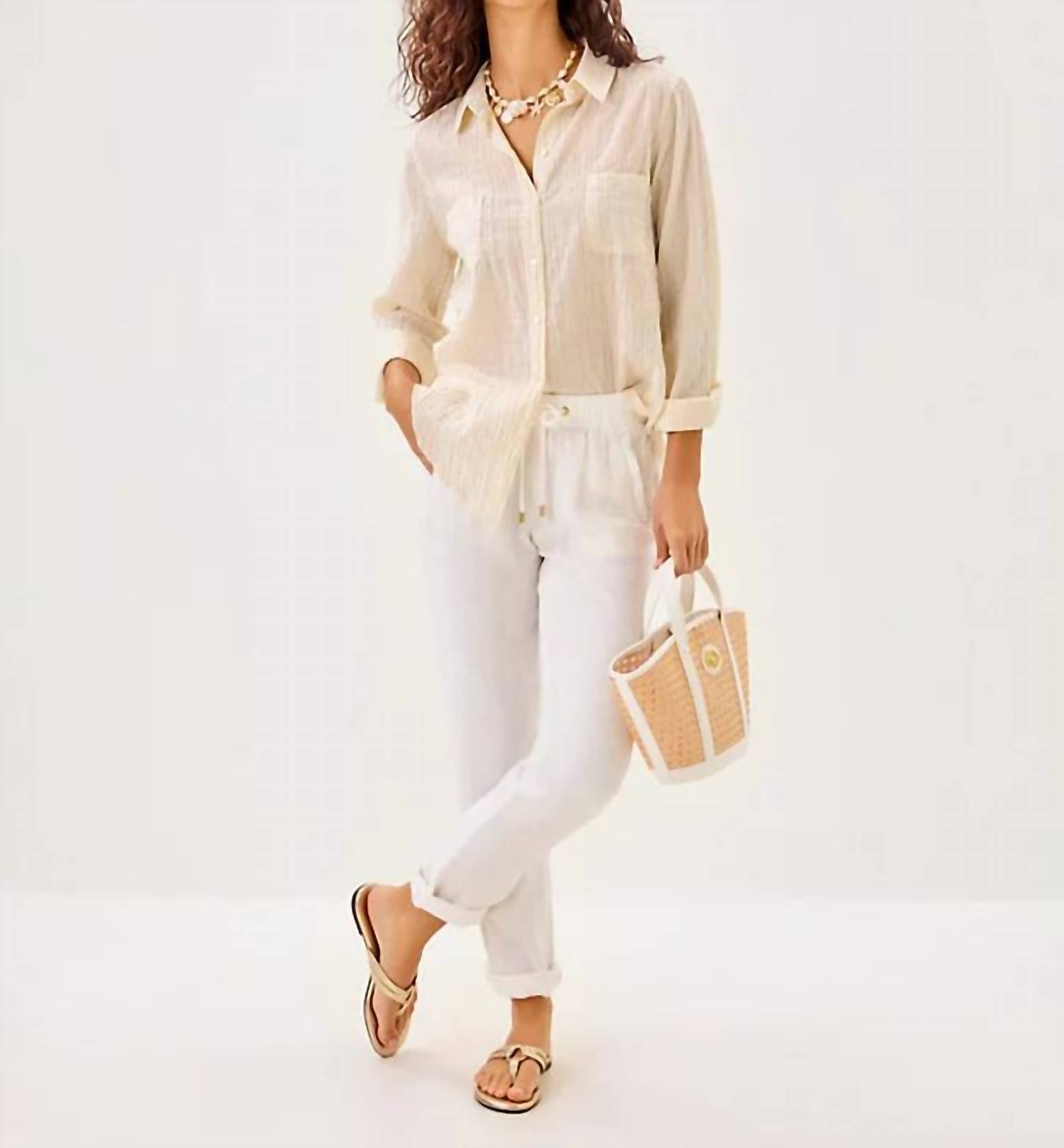 Lilly Pulitzer Sea View Button Down Top in wicker tan ltwt oxford stripe - women's shirt - view 4