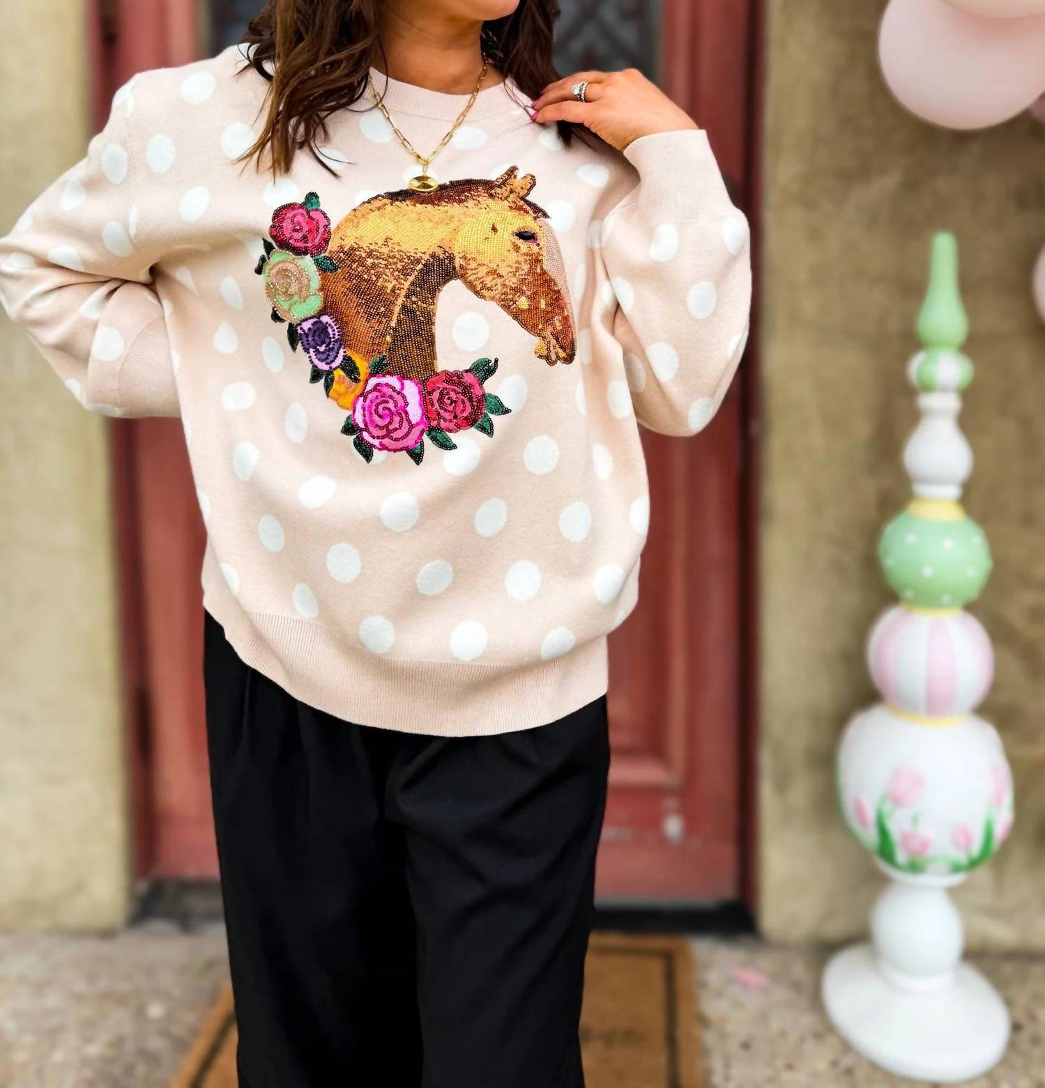 Queen Of Sparkles - Polka Dot Horse & Rose Wreath Sweater