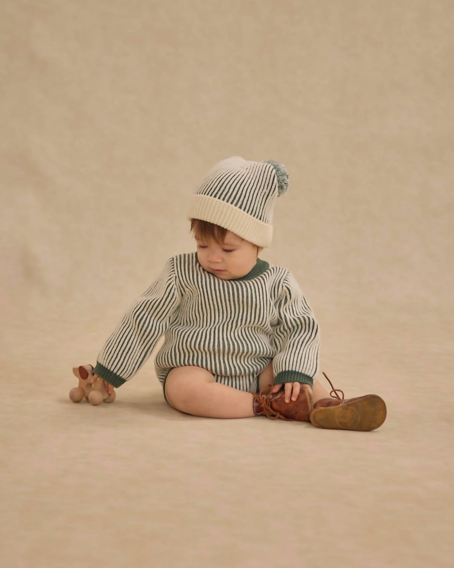 Rylee + Cru Boy's Haywood Romper in green stripe - kids' item - alternate view