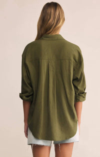 Z Supply Alfie Linen Button Up Shirt in fern - women's shirt - detail view