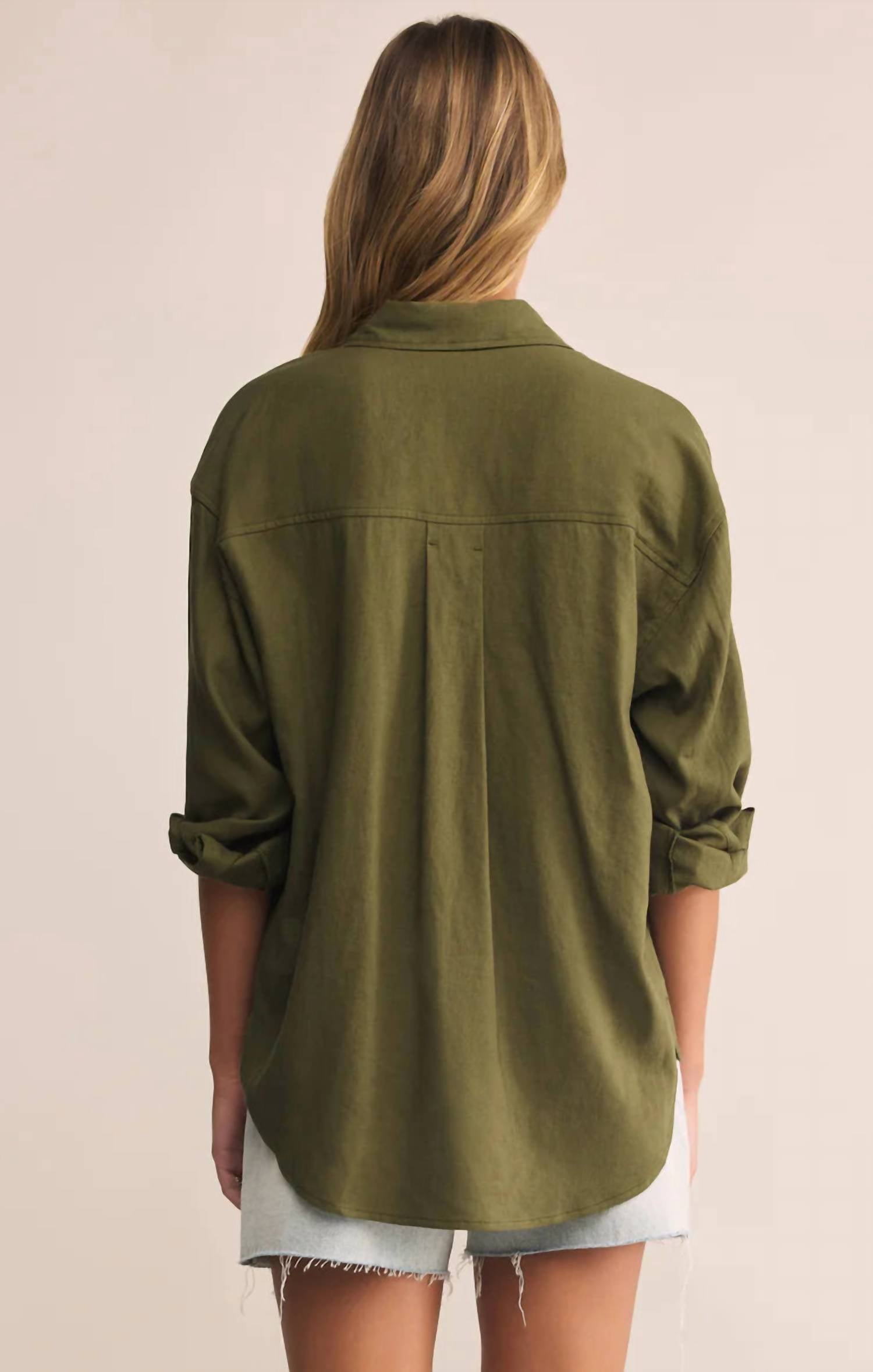 Z Supply Alfie Linen Button Up Shirt in fern - women's shirt - detail view