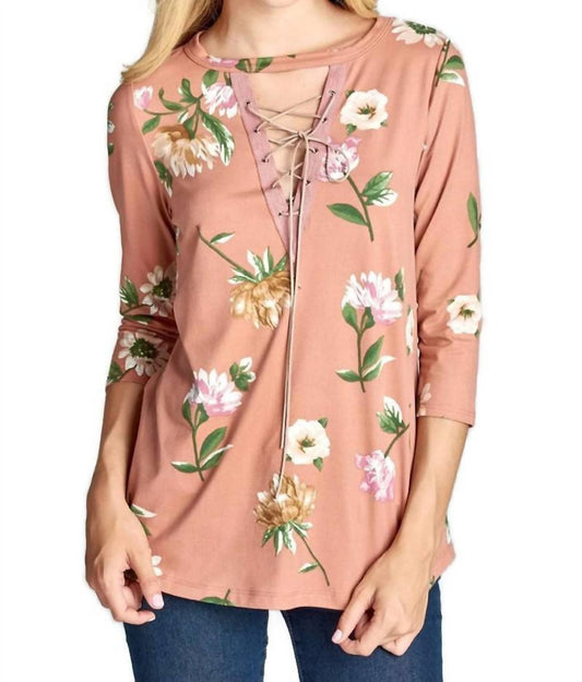 Oddi - Lace Up Floral Brushed Knit Top