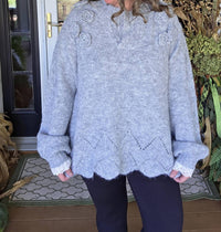 POL Floral Trim Sweater With Scallops And Lace Trim in heather grey - women's sweater - view 4