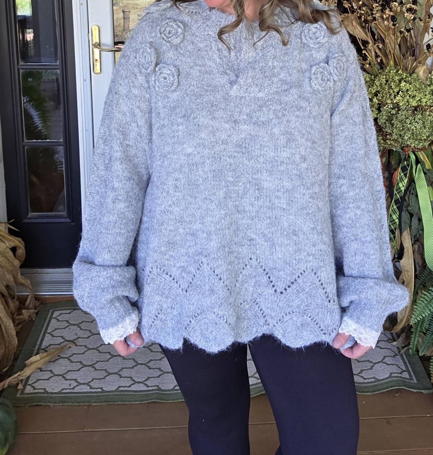 POL Floral Trim Sweater With Scallops And Lace Trim in heather grey - women's sweater - view 4