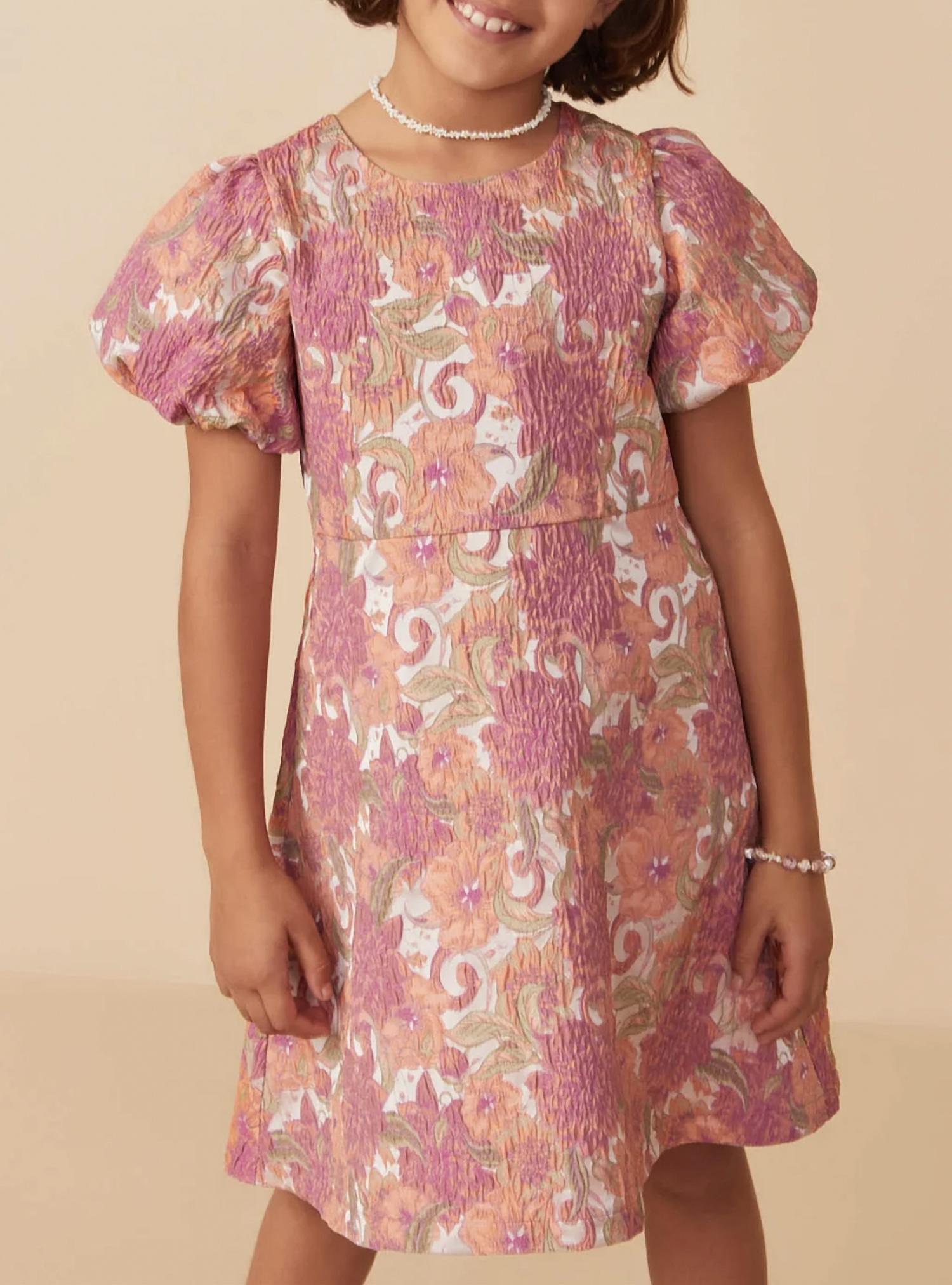 Hayden Girls - Floral Print Puff Sleeve Jacquard Dress