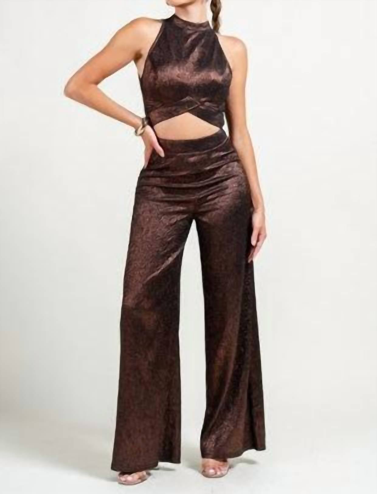 PRIVY Briar Mockneck Top & Wide Leg Pants Set in gold - women's sleepwear
