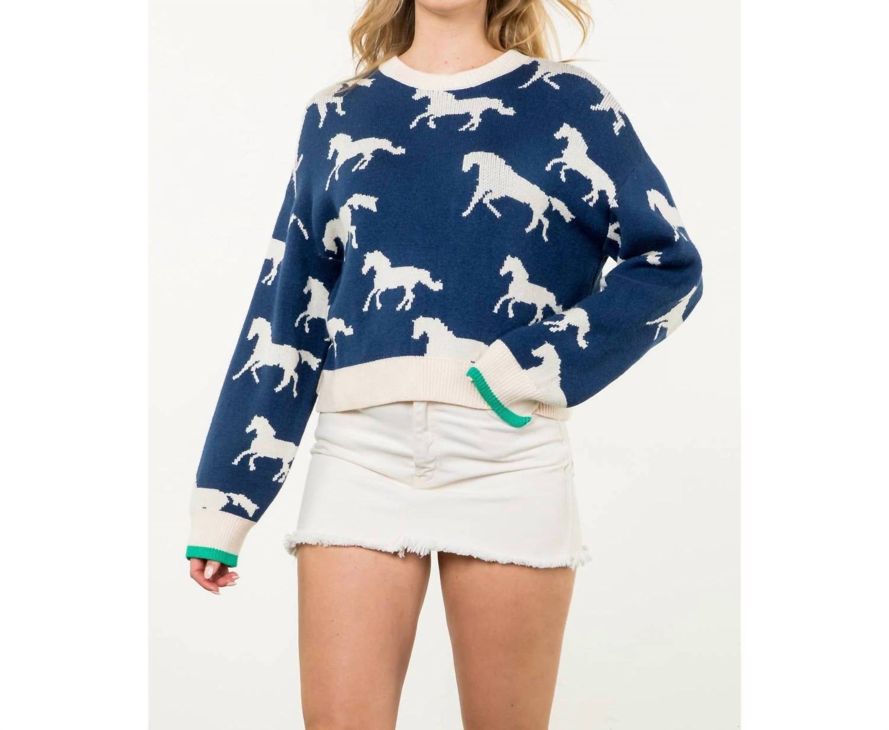 THML Women's Horse Sweater in blue - women's sweater - detail view