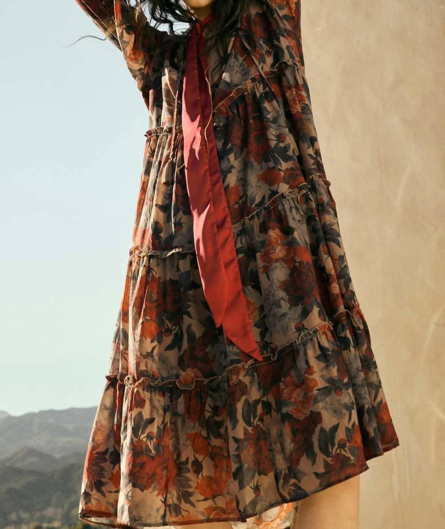 Promesa - Floral-print Tiered Ruffle Long-sleeve Midi Dress