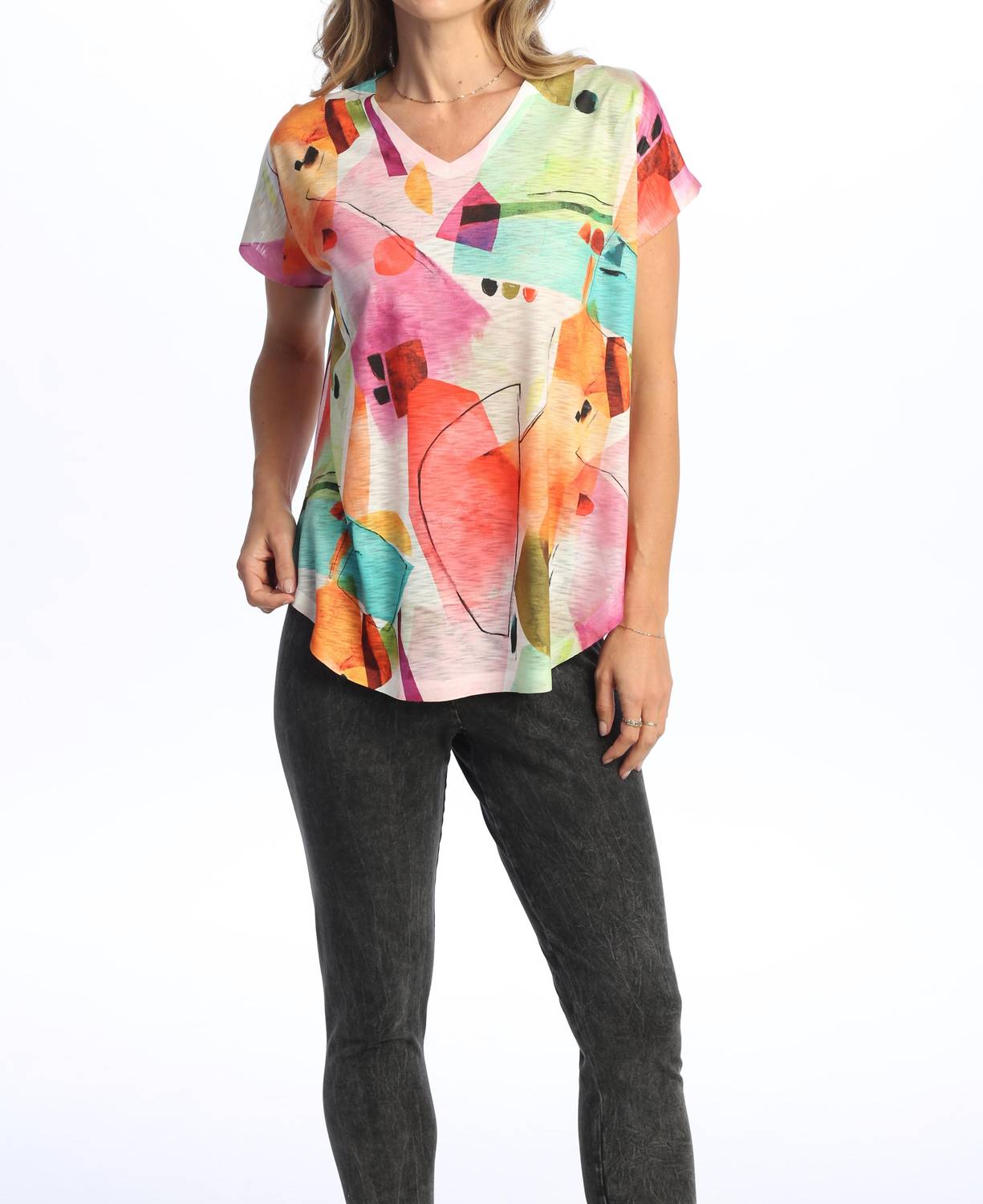 Jess & Jane Livia Cap Sleeve Top in pink multi - women's blouse
