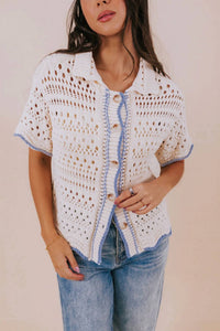 Aaron & Amber Button Down Wave Trim Collared Sweater in cream - women's sweater