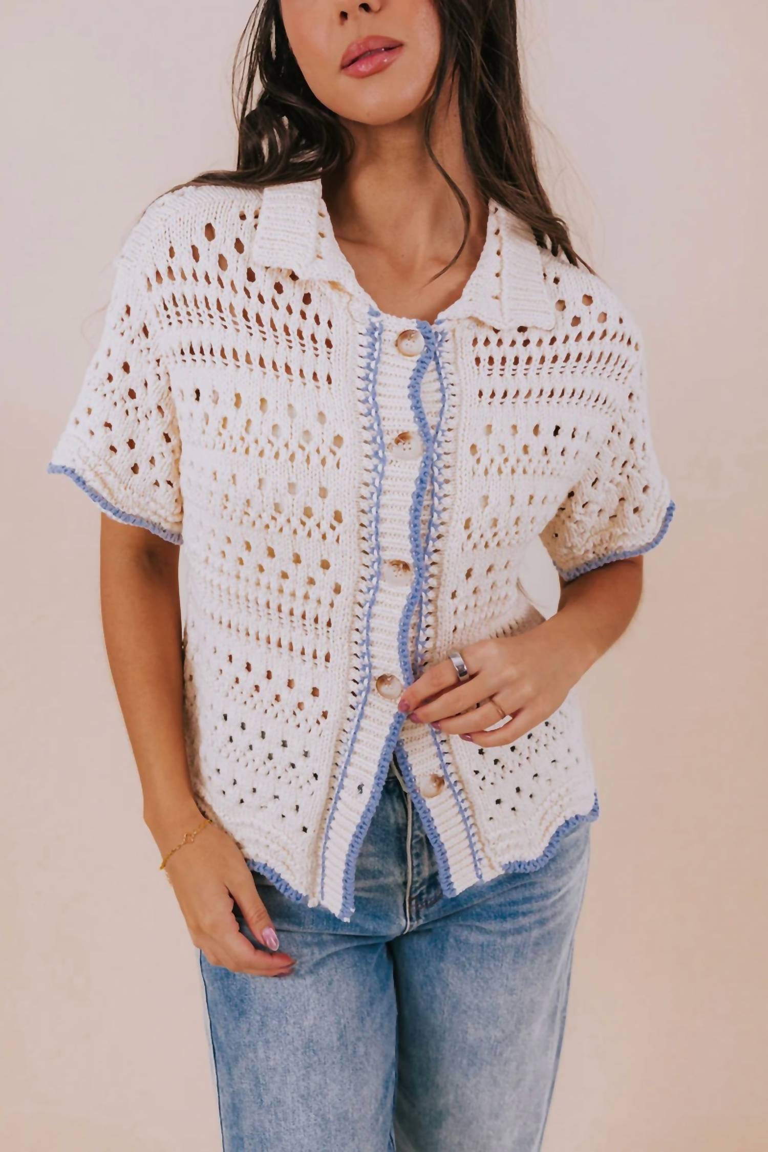 Aaron & Amber Button Down Wave Trim Collared Sweater in cream - women's sweater