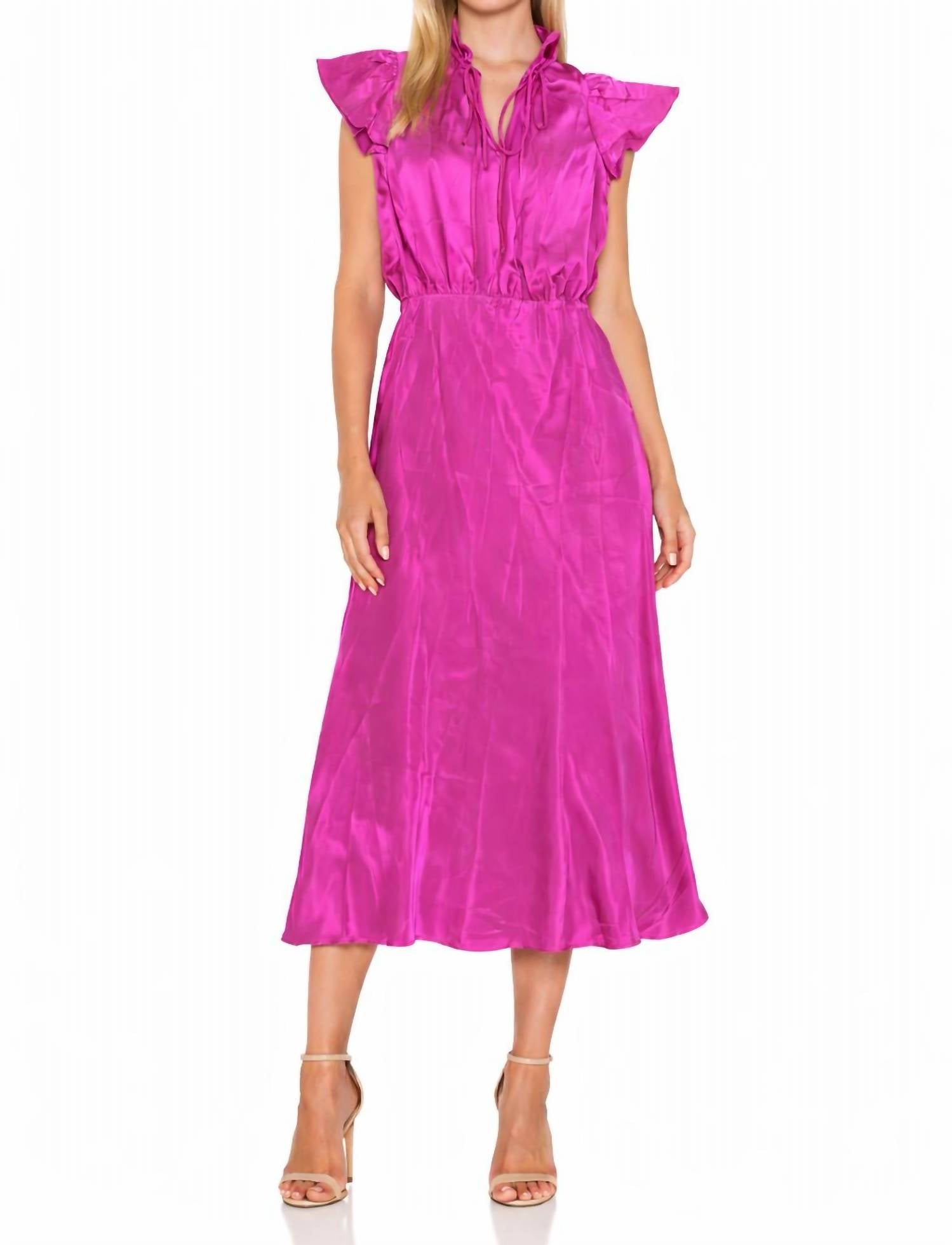 Amanda Uprichard Ruffle Neck Silk Midi Dress in fuchsia - women's dress