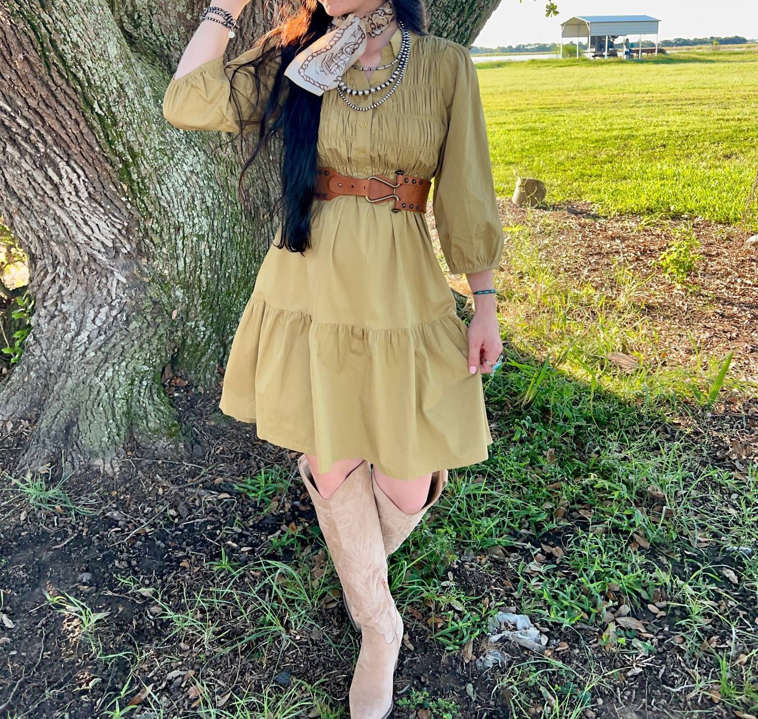 Baevely by Wellmade Daisy Long Sleeve Dress in olive - women's dress