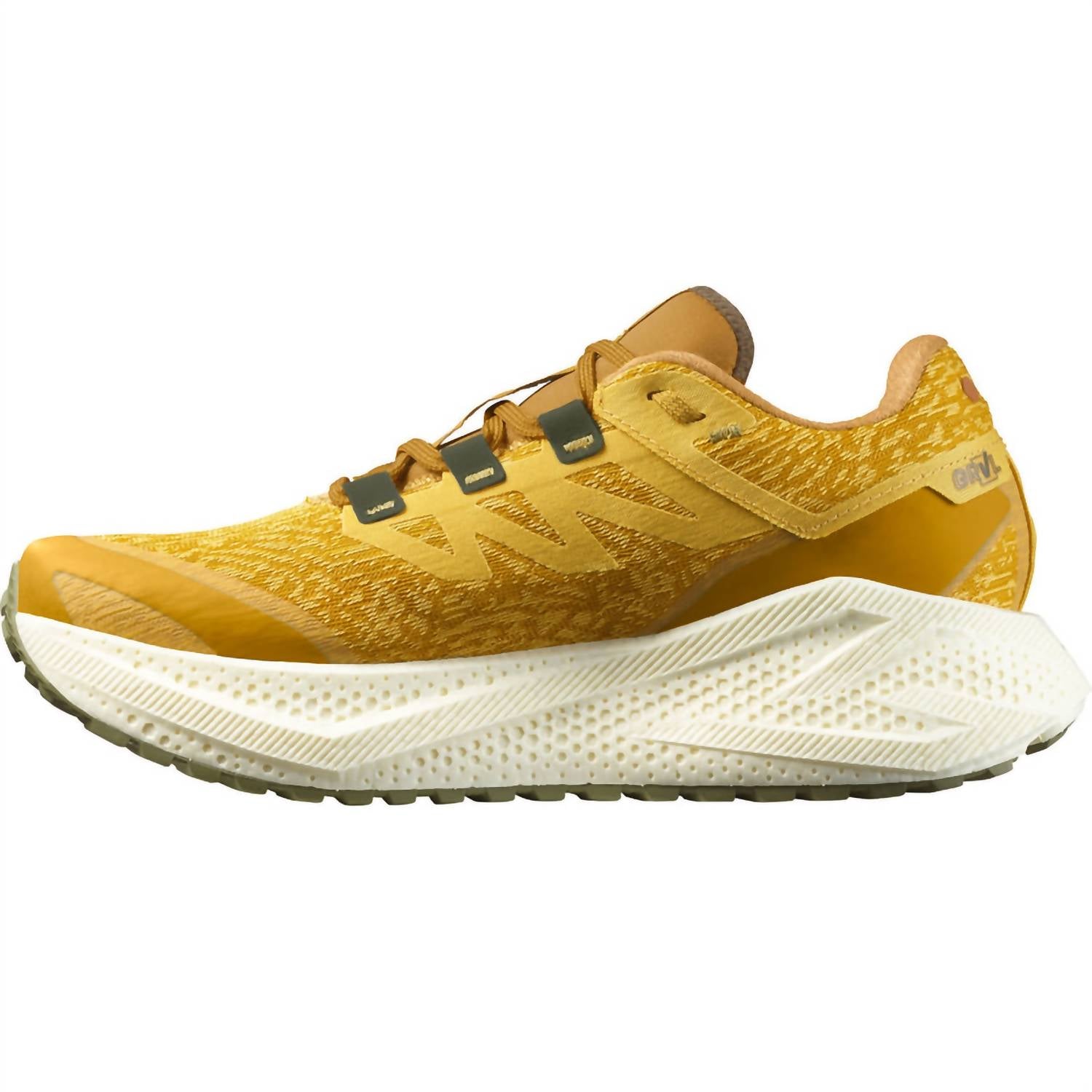 SALOMON Men's Aero Glide 3 Grvl Running Shoes in spicy mustard vanilla ice deep lechen green - men's shoe - detail view