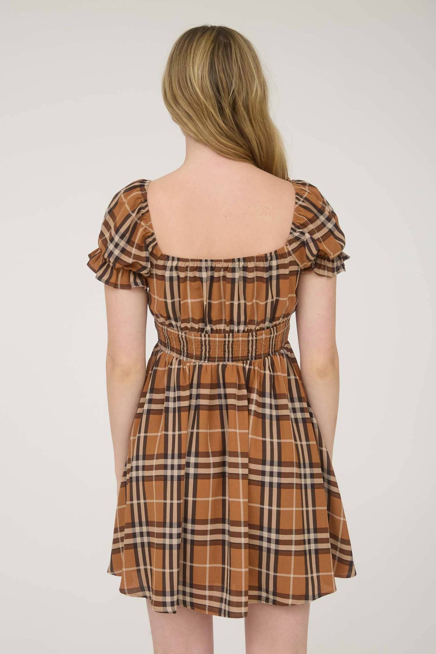 Blu Pepper - Plaid Short Puff Sleeve Mini Dress