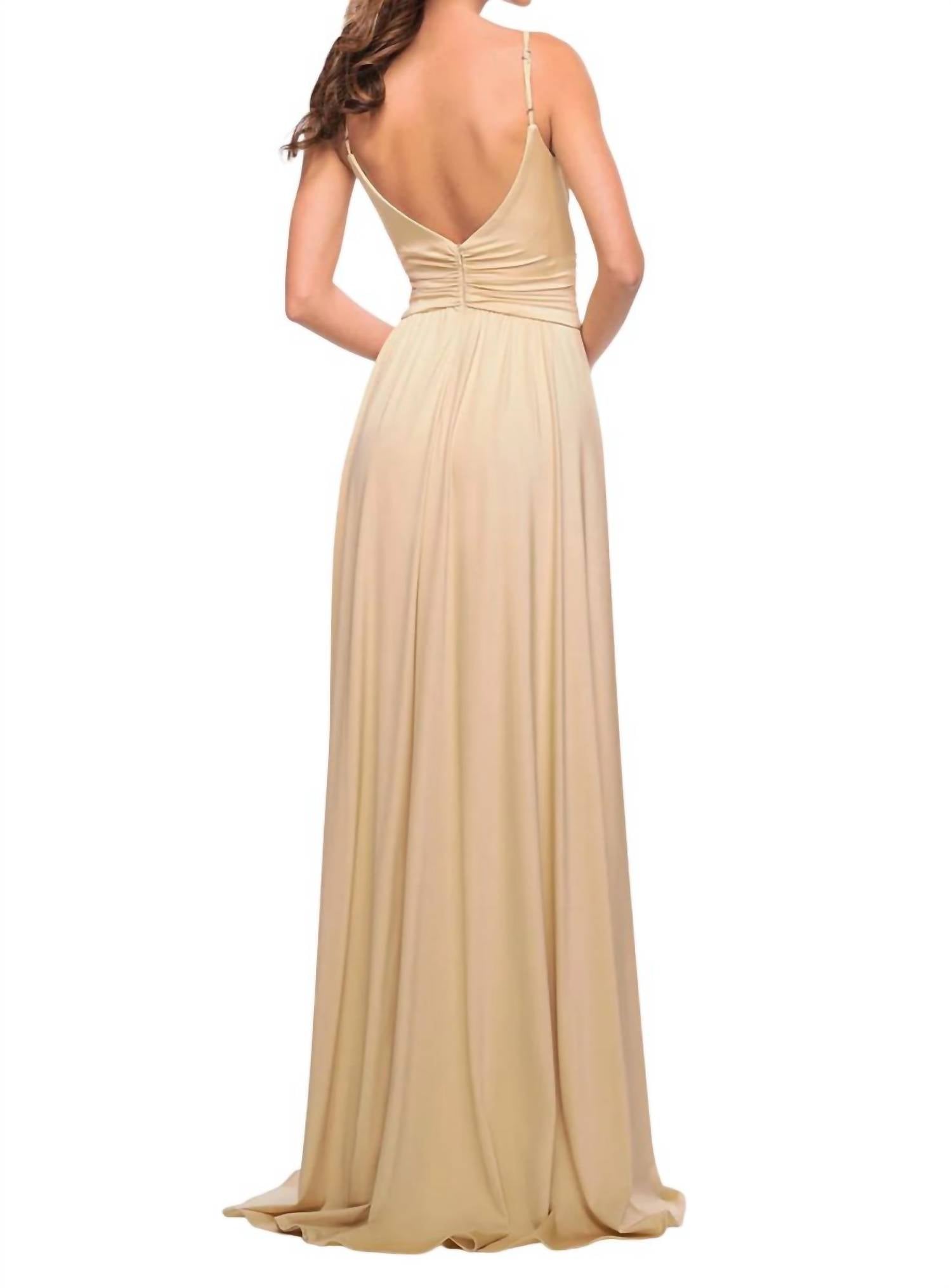 La Femme Long A-line Gown in light gold - women's dress - detail view