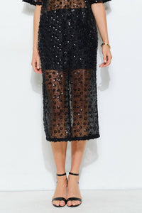 INA Fashion Annette Sheer Lace Sequin Midi Skirt in black - women's skirt