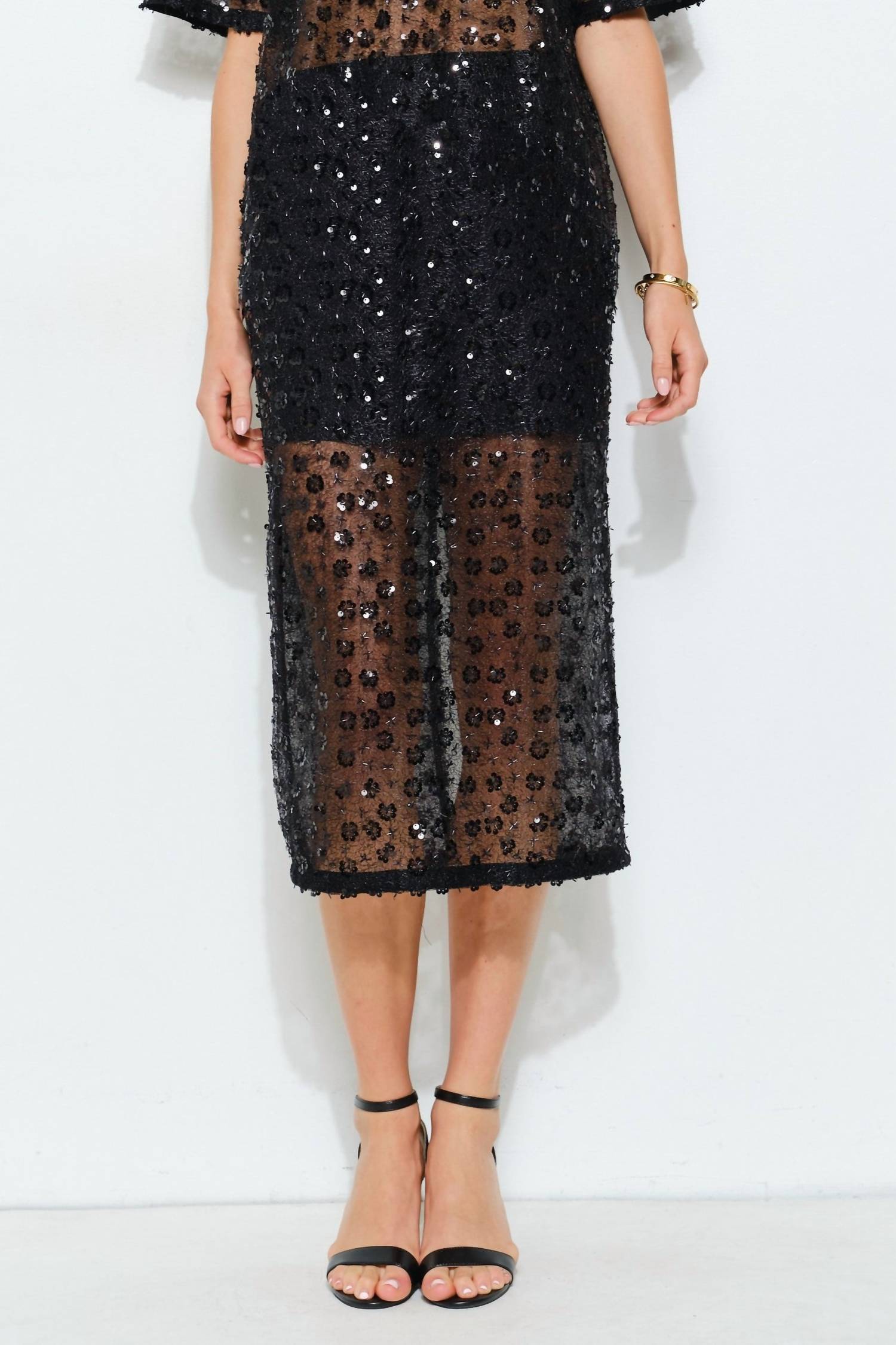 INA Fashion Annette Sheer Lace Sequin Midi Skirt in black - women's skirt