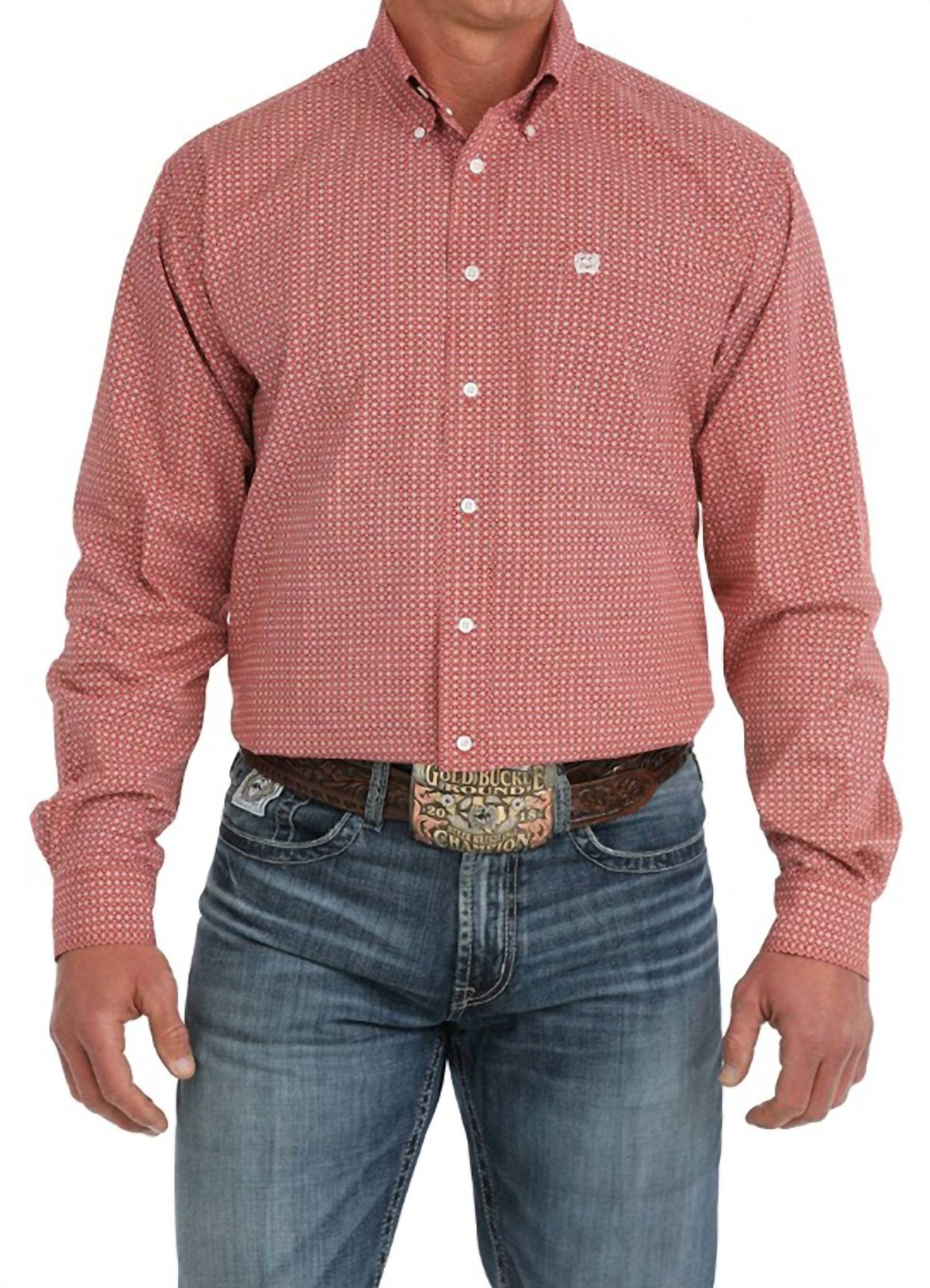 CINCH Long Sleeve Print Button Up Top in red - men's long sleeve top