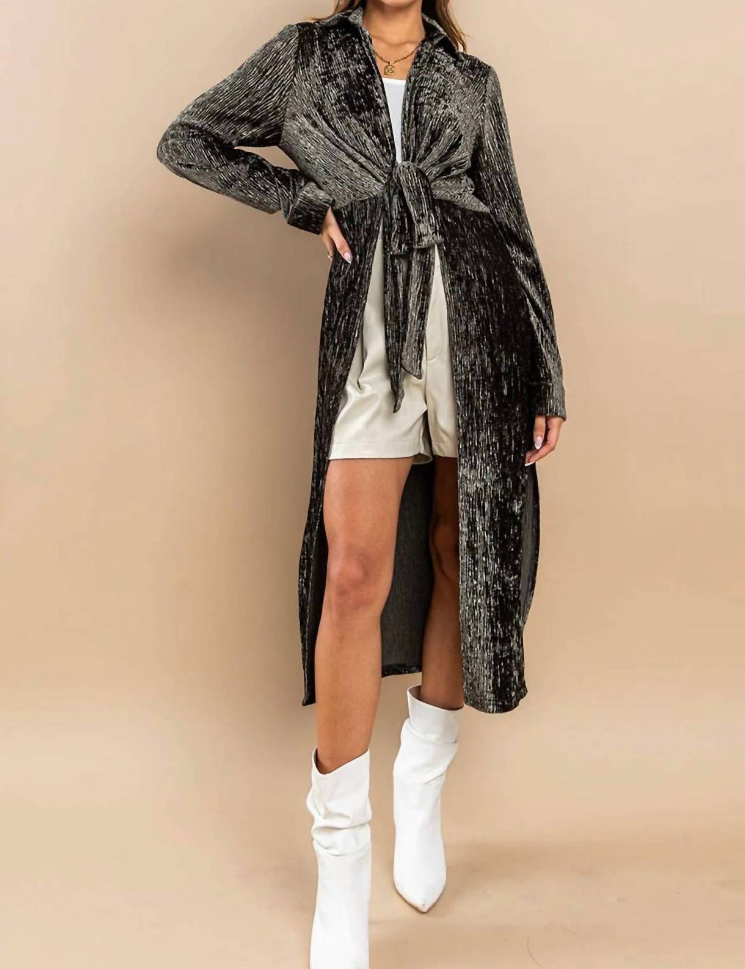 Ces Femme - Mena Metallic Open Front Tie Long Duster
