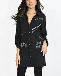 Frank Lyman Britta Tunic Length Top With Sequin Wording in black - women's shirt - detail view