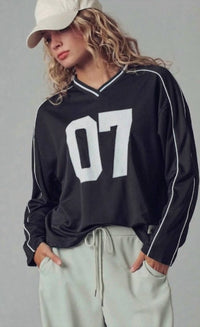 Urban Daizy Varsity 07 Graphic V-neck Jersey Top in black - women's long sleeve top - alternate view