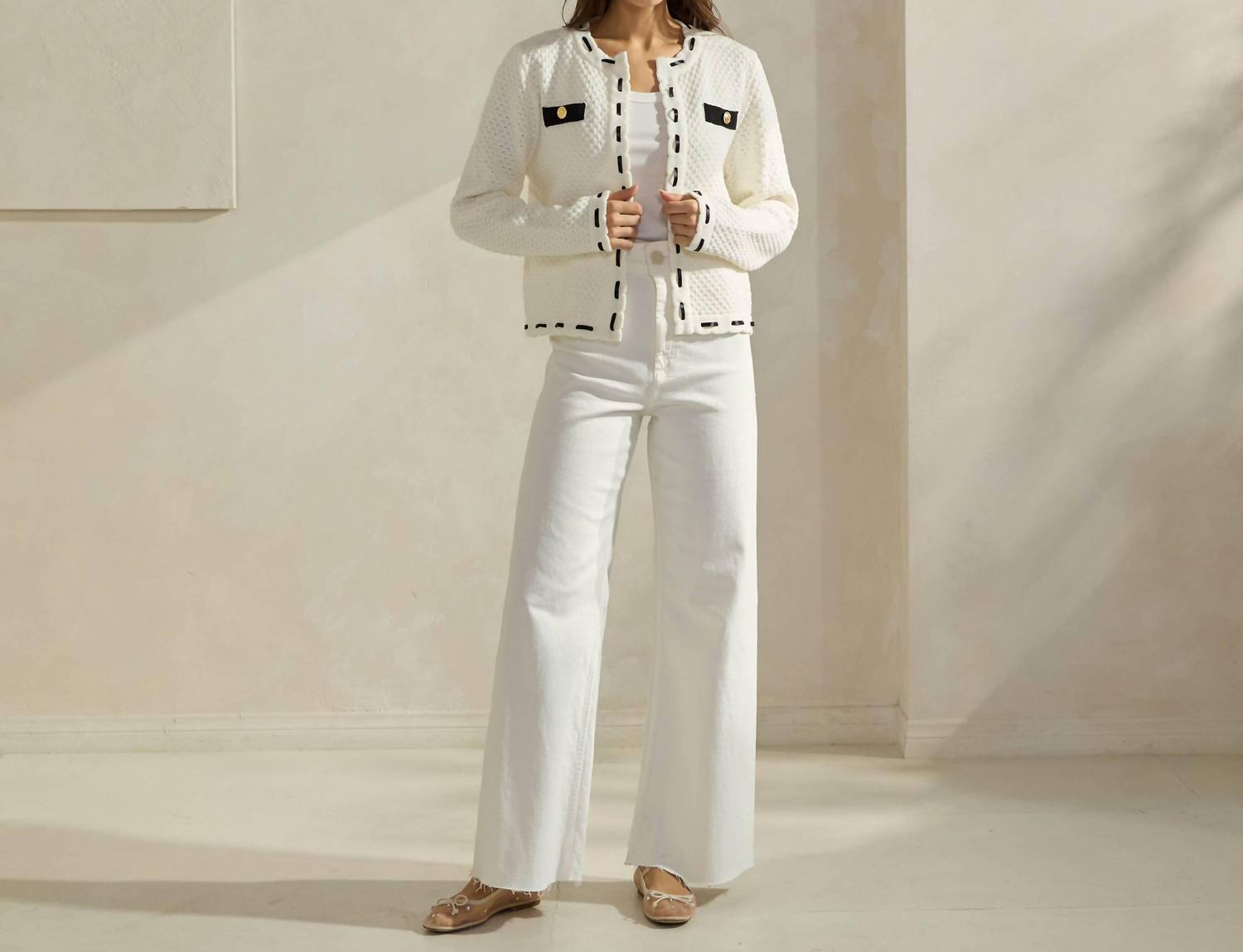 ABLE Contrast Trim Cardigan in white black - women's cardigan - view 4
